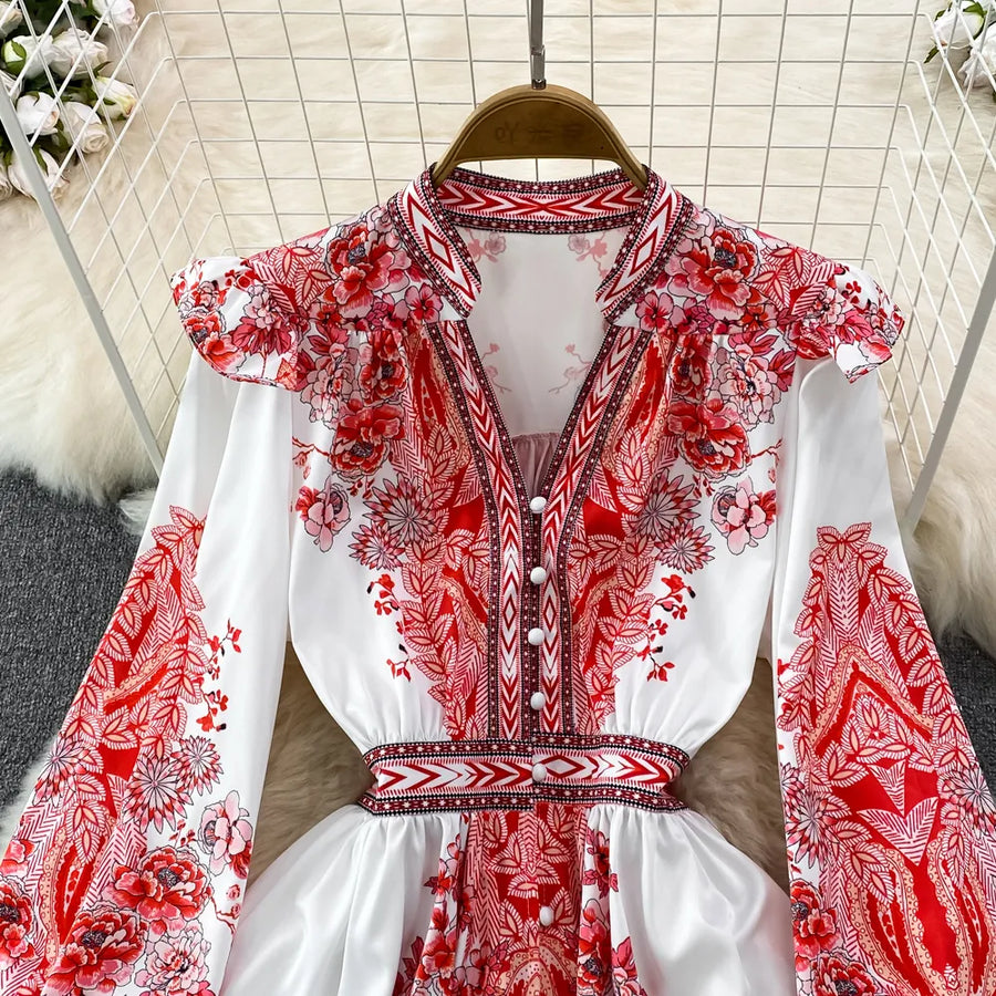 Spring Autumn Women Short Dress Runway V-Neck Long Lantern Sleeve Single Breasted High Waist Party Vestidos A2297
