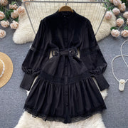 High Quality Stand Collar Puff Long Sleeve Button A Line Short Dress