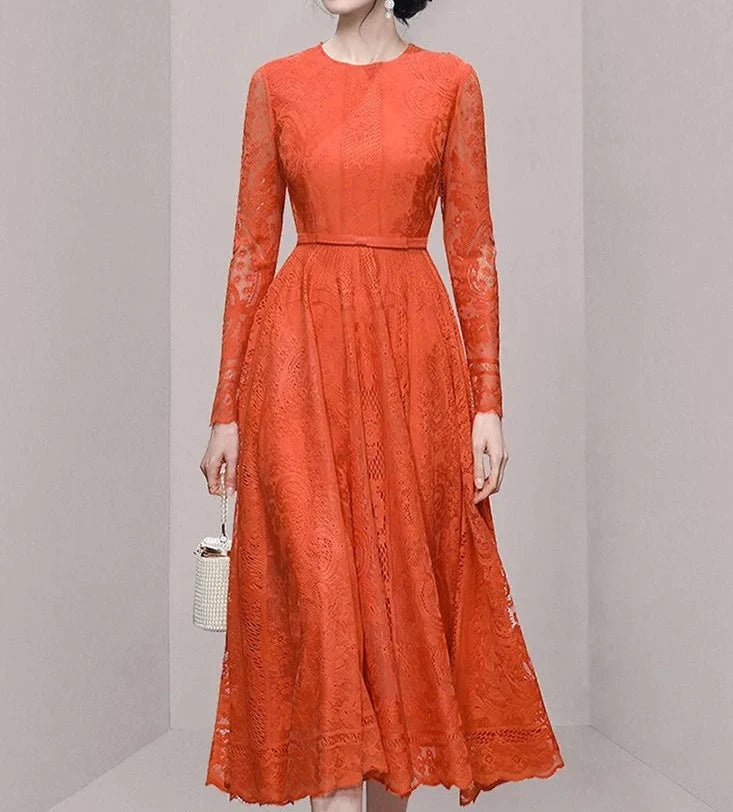 High Quality Round Neck A-Line Slim Waist Long Sleeve Elegant Dress