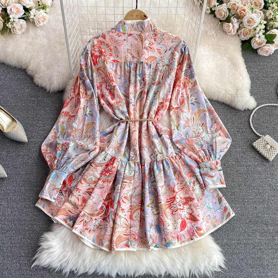 High Quality Big Hem Long Sleeve Turtleneck Printed Dress
