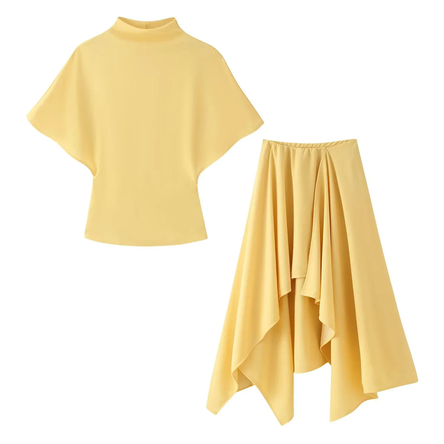 Women Trendy Skirt Set Half High Collar Top Asymmetrical Skirt New Fashion  Spring Summer Beach Holiday Skirt Set