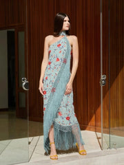 Print Tassels One-piece Long Dress Women Elegant Scarf Collar Sleeveless Backless Slim Party Dresses New Fashion Ladies Vestidos