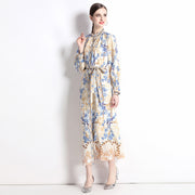 Vintage Flower Print Long Dress Stand Collar Flare Sleeve Loose Waist Lace Up Belt Buttons High Quality