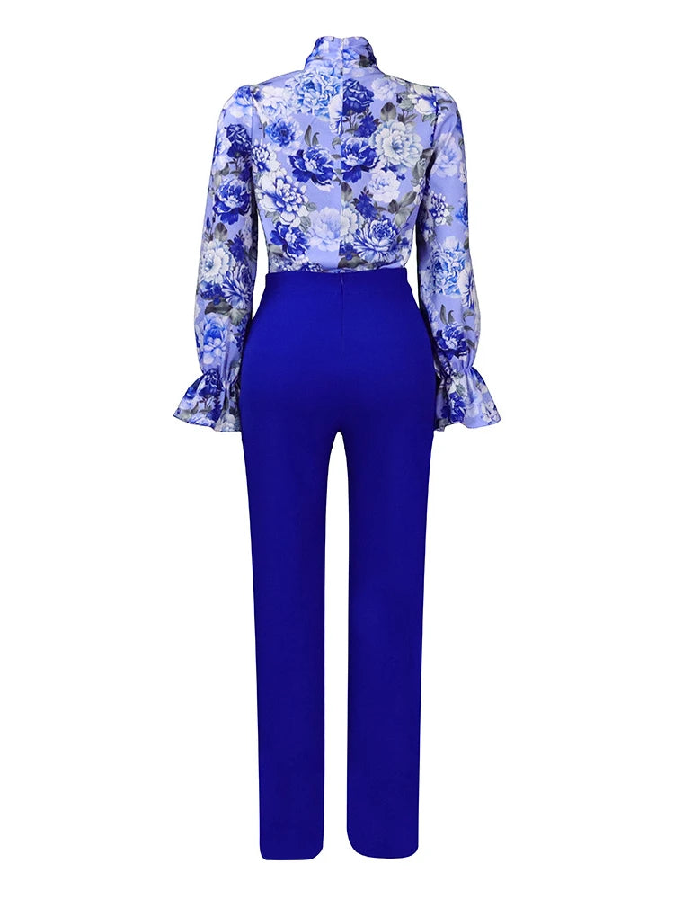 Two Piece Set Printed Blouse, High Waist Pants High Quality