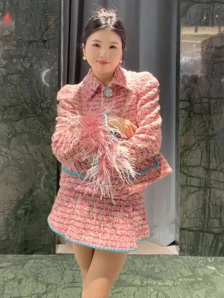 Women Auutmn Winter Sweet Feather Single Breasted Tweed Short Jacket High Waist A-Line Skirt Offce Ladies Fashion Two Piece Set