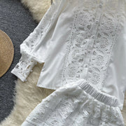 Retro Two Piece Set Hollow Out Long Sleeve Shirt+High Quality Mini Skirts