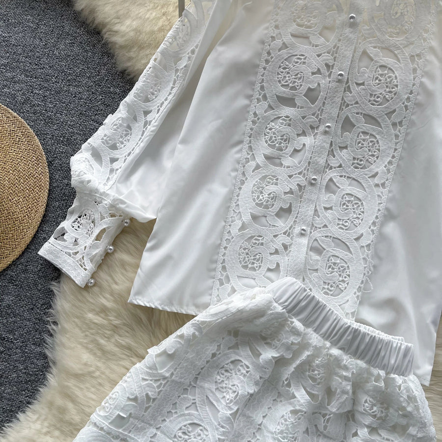 Retro Two Piece Set Hollow Out Long Sleeve Shirt+High Quality Mini Skirts