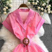 Summer Women Printed Long Dress Beach Vacation Notched Collar Single Breasted Short Sleeve A-Line Maxi Vestidos Female Robe