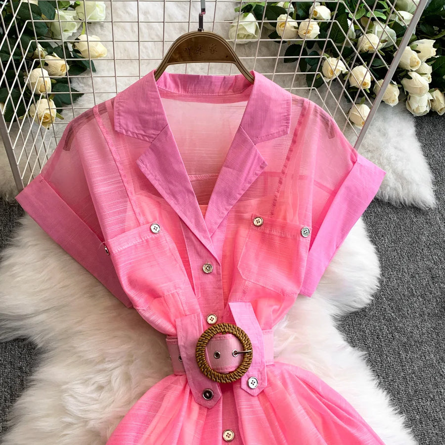 Summer Women Printed Long Dress Beach Vacation Notched Collar Single Breasted Short Sleeve A-Line Maxi Vestidos Female Robe