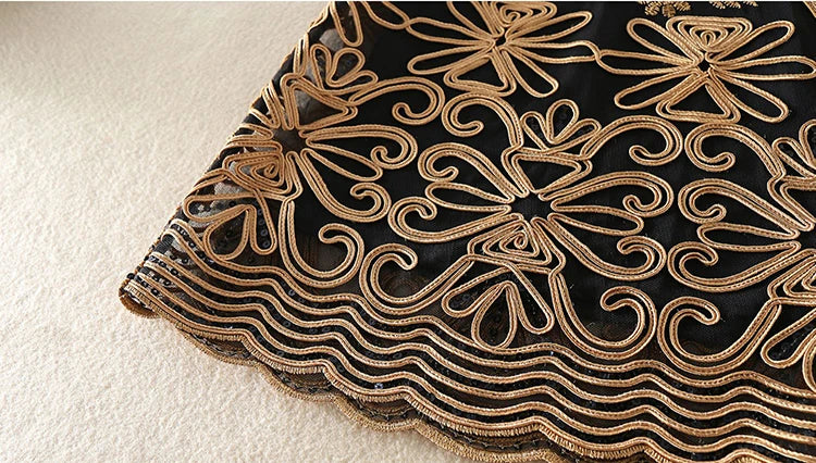 Dress Women 3/4 Sleeve 3D Gold Flower Embroidery Elegant Midi High Quality