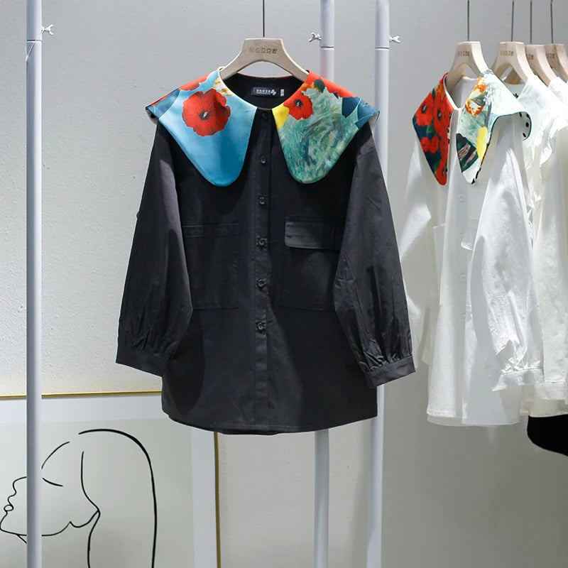 High quality printed collar vintage long sleeve casual shirt