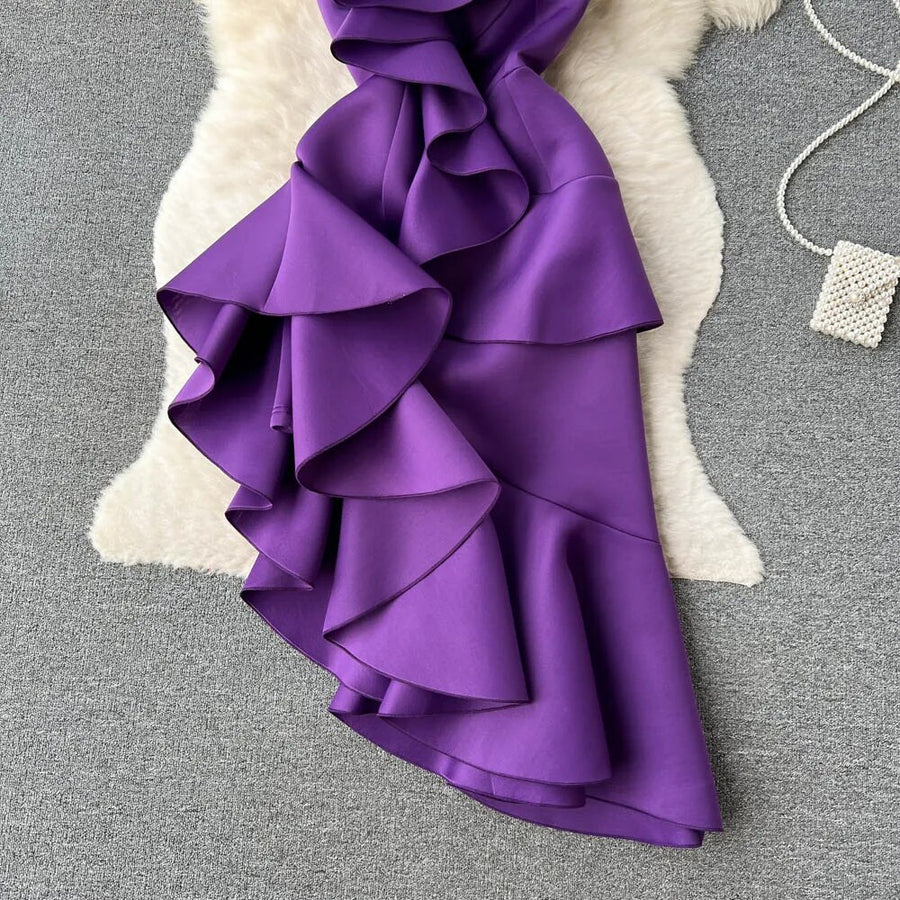 Elegant Sexy High Waist Ruffles Slash Neck Sleeveless Split Dress High Quality