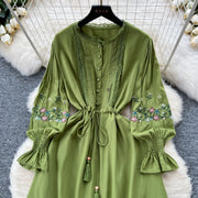Vintage elegant dress with patchwork embroidery, lace ruffles, high-quality flared sleeves
