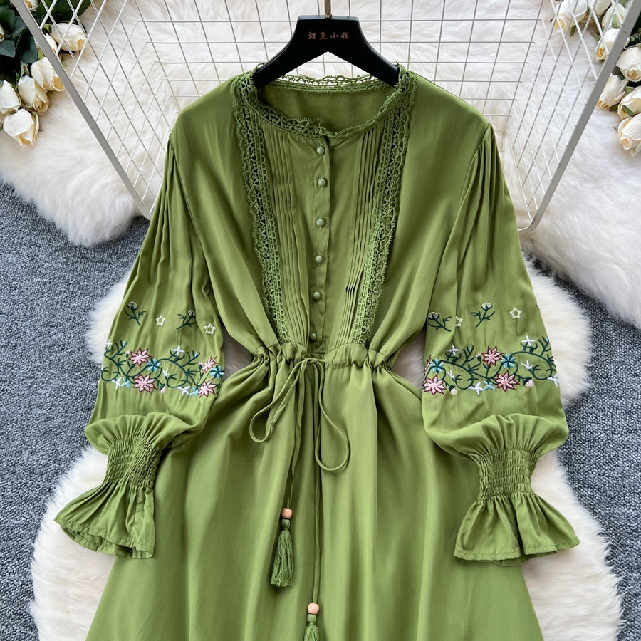 Vintage elegant dress with patchwork embroidery, lace ruffles, high-quality flared sleeves