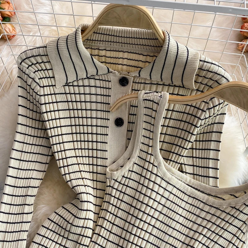 3-piece set knitted set tube skirt + high-quality knitted cardigan