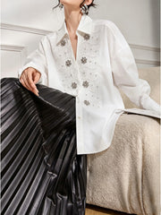 French Style Women White Shirt Heavy Beaded Embroidery Turn Down Collar Loose Casual Office Blouse Elegant Top