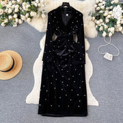 High Quality Long Sleeve V Neck Thick Velvet Diamond Embellished Dress