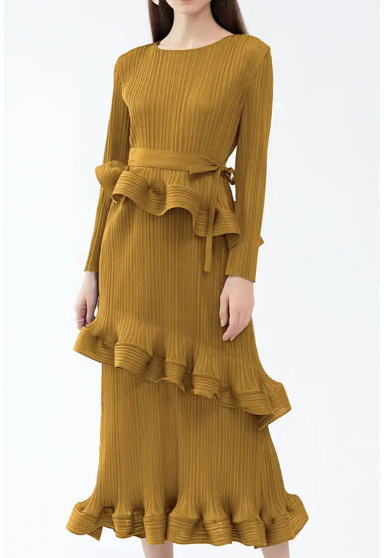 High quality long sleeve dress with ruffles and pleated bow