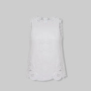Female New High Waist Linen Sets Thin Pant Outfits O-Neck Elegant Sleeveless Tops Hollow-Out Embroidery Women Two-Piece Vest Set