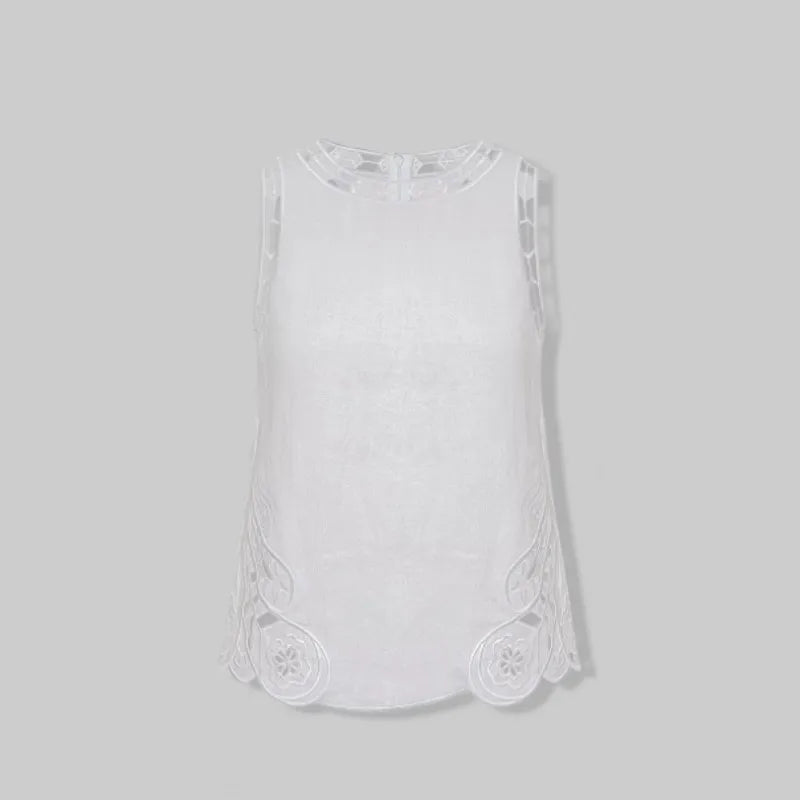 Female New High Waist Linen Sets Thin Pant Outfits O-Neck Elegant Sleeveless Tops Hollow-Out Embroidery Women Two-Piece Vest Set