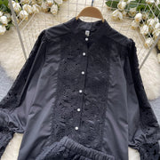 Retro Two Piece Set Hollow Out Long Sleeve Shirt+High Quality Mini Skirts