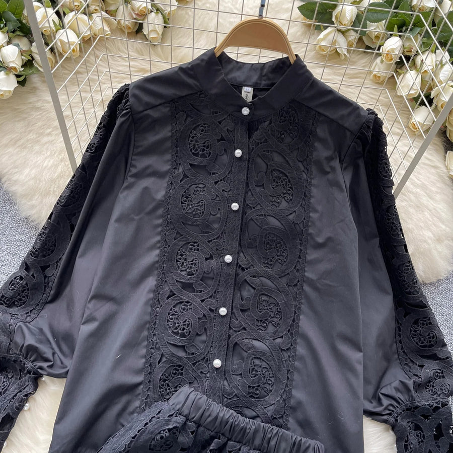 Retro Two Piece Set Hollow Out Long Sleeve Shirt+High Quality Mini Skirts