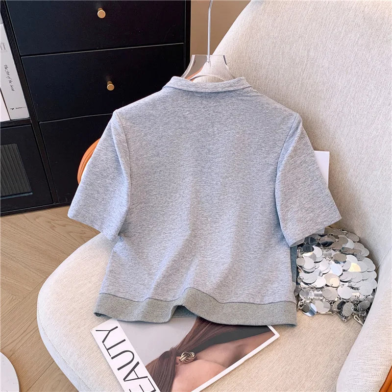 Summer New Stitched Zipper T-shirt top Female Set Elegant Women's Jeans Casual Blouse Two Piece Set Ladies Tracksuits big