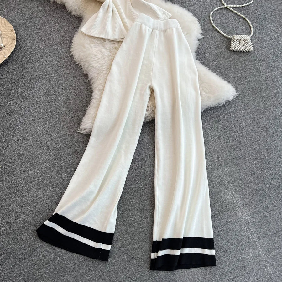 Pant Set Women Two Piece Sets Matching Sets Sleeveless Knitted Slim Fit Tops Wide Leg Long Pants High Elastic Waist Casual