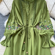 Vintage elegant dress with patchwork embroidery, lace ruffles, high-quality flared sleeves
