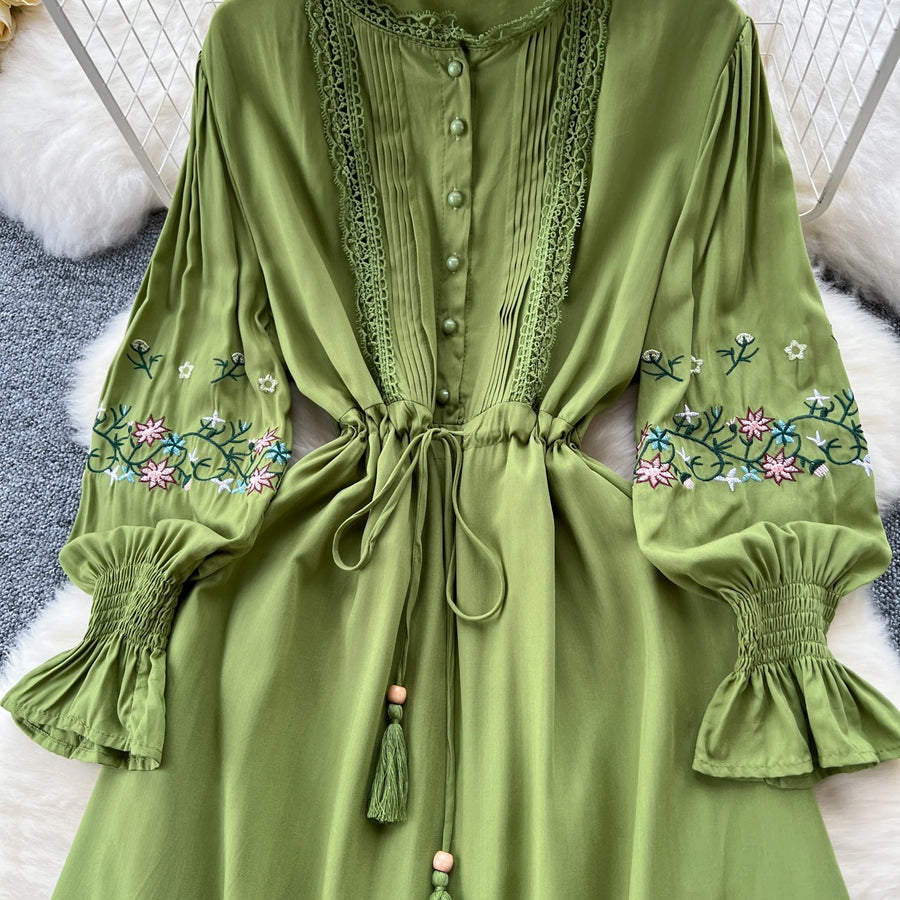 Vintage elegant dress with patchwork embroidery, lace ruffles, high-quality flared sleeves