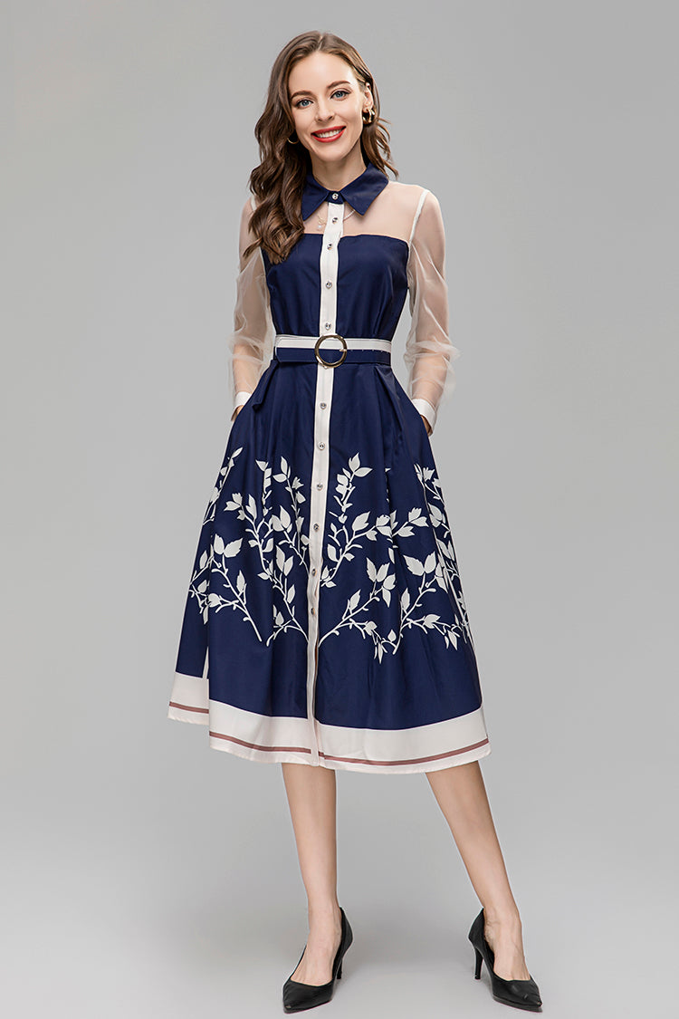 High Quality Turn-down Collar Perspective Long Sleeve Button Slit Midi Vintage Print Dress