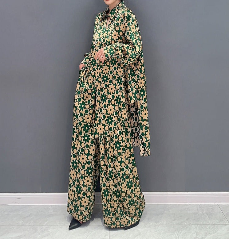 Two-pieces Long Sets For Spring Autumn Printing Long Shirt And Wide Leg Pants Casual Loose Matching Suit Clothes
