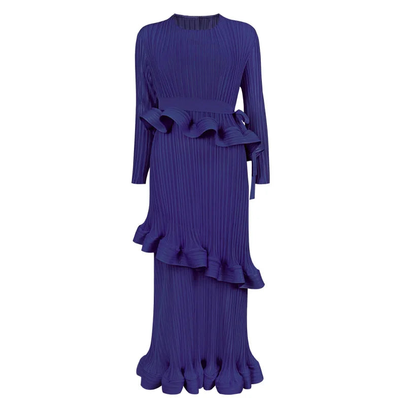 High quality long sleeve dress with ruffles and pleated bow