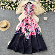 Elegant French vintage style sleeveless dress with high quality floral print
