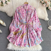 High Quality Big Hem Long Sleeve Turtleneck Printed Dress
