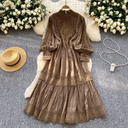 Elegant French vintage style high neck long sleeve evening dress with high quality lace openwork and splicing