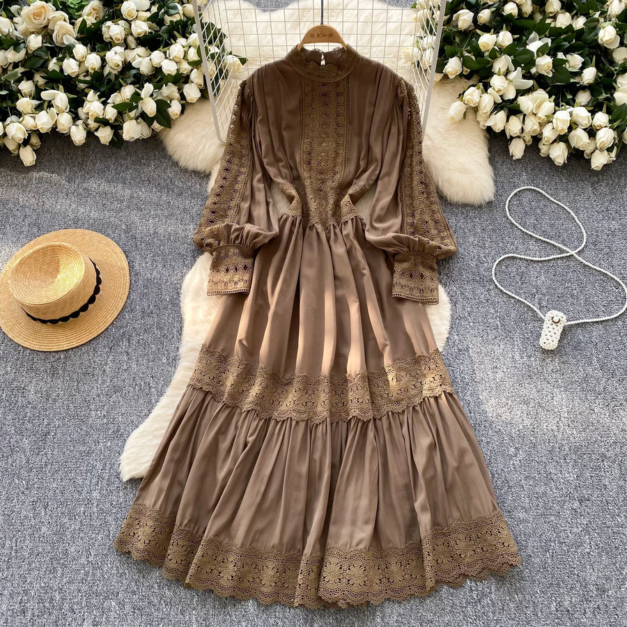 Elegant French vintage style high neck long sleeve evening dress with high quality lace openwork and splicing