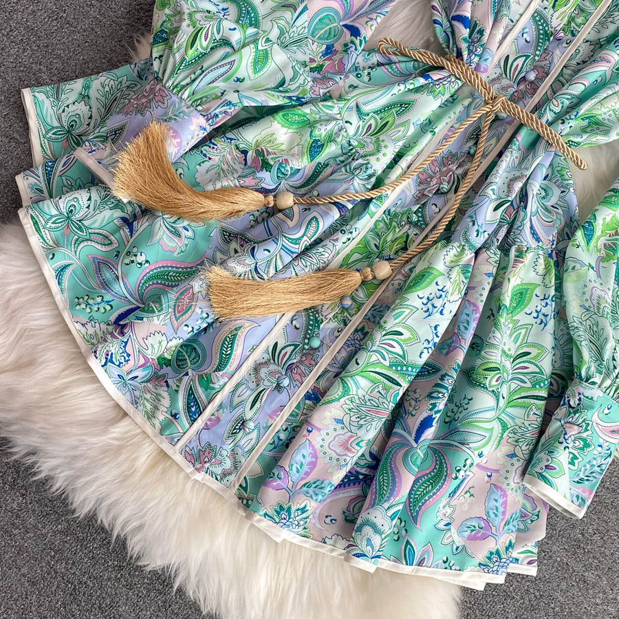 High Quality Big Hem Long Sleeve Turtleneck Printed Dress