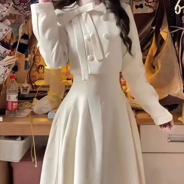 Two-piece set: jacket with waist tie and high-quality fine midi skirt