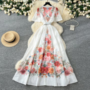 Elegant vintage V-neck button long floral evening dress high quality