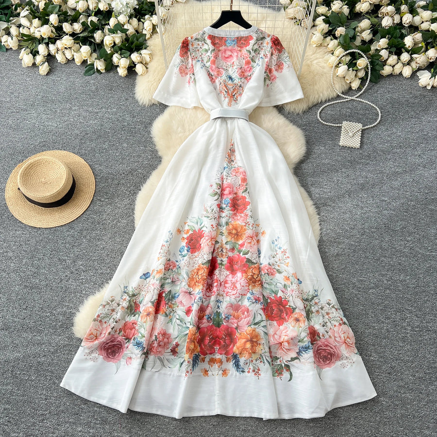 Elegant vintage V-neck button long floral evening dress high quality