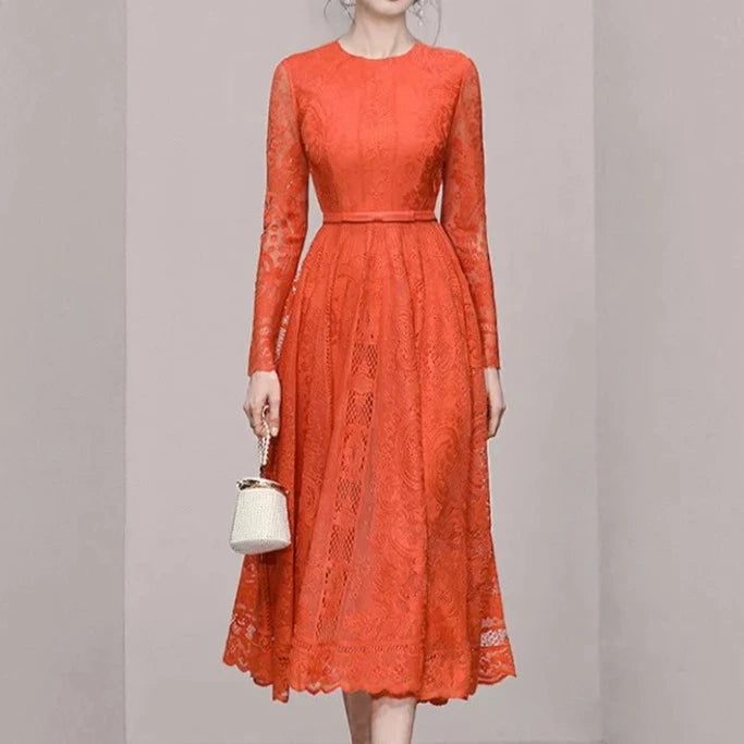 High Quality Round Neck A-Line Slim Waist Long Sleeve Elegant Dress