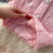 Small Embroidery Flower Two Piece Set Short Sleeve Pearl Button Pocket Lace Mesh Crop Top + Midi Skirt Suit High Quality