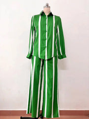 High Quality Striped Long Sleeve Button Wide Leg Pants Two Piece Set