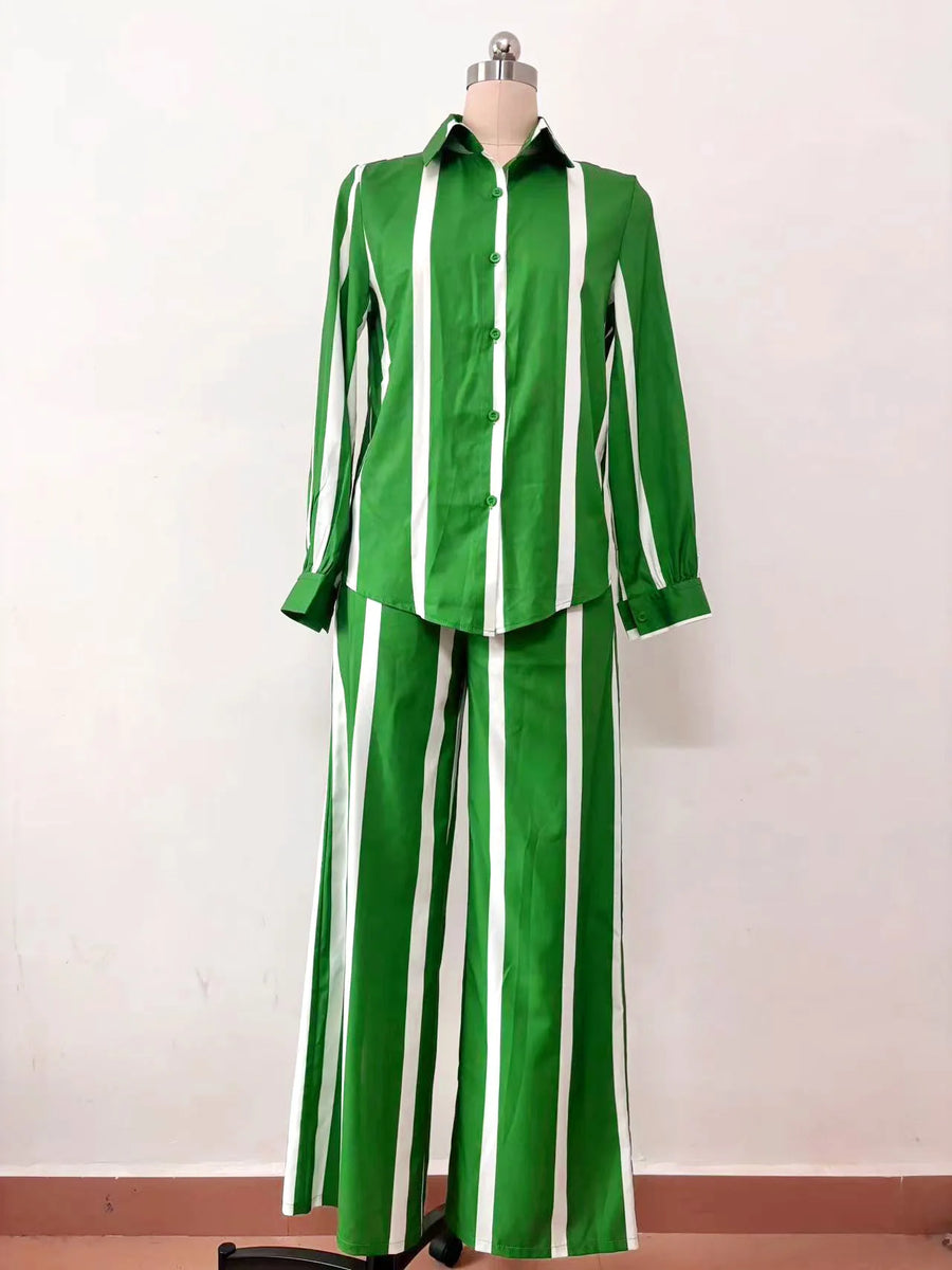 High Quality Striped Long Sleeve Button Wide Leg Pants Two Piece Set