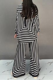 High quality striped long sleeve top+loose pants two piece set