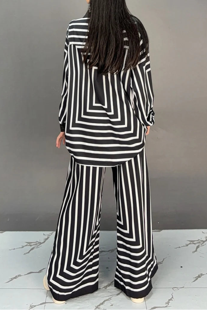 High quality striped long sleeve top+loose pants two piece set