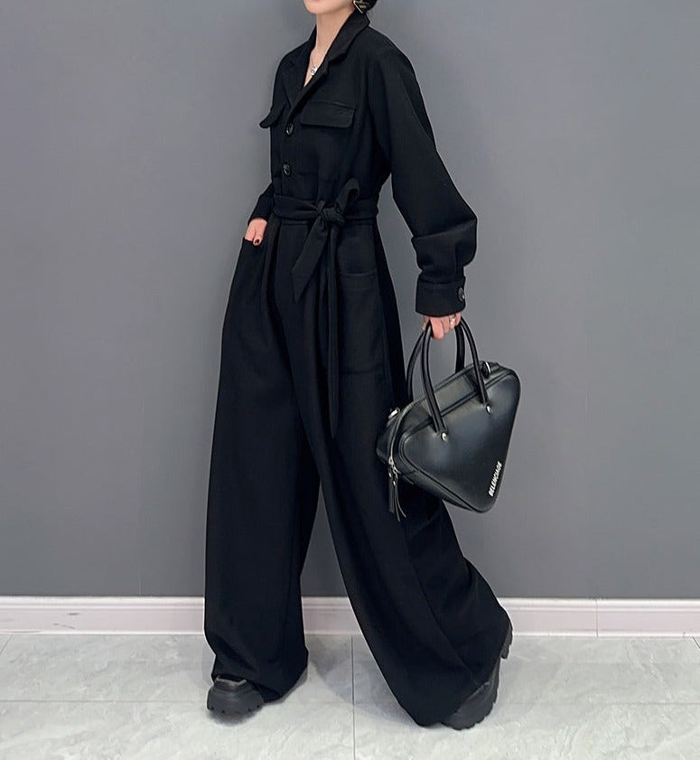 High Quality Loose Wide Leg Long Sleeve Solid Color One Piece Jumpsuit