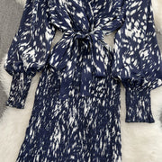 Retro Sweet V Neck Slim Lace -up Print Autumn Summer Elegant Elastic Dress A-line Long Sleeve Vacation Women Mermaid Dresses
