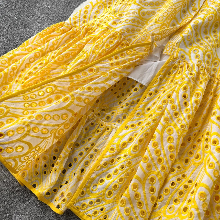 Quality Spaghetti Straps Ruffles Backless Sexy Hollow Out Embroidery Dress